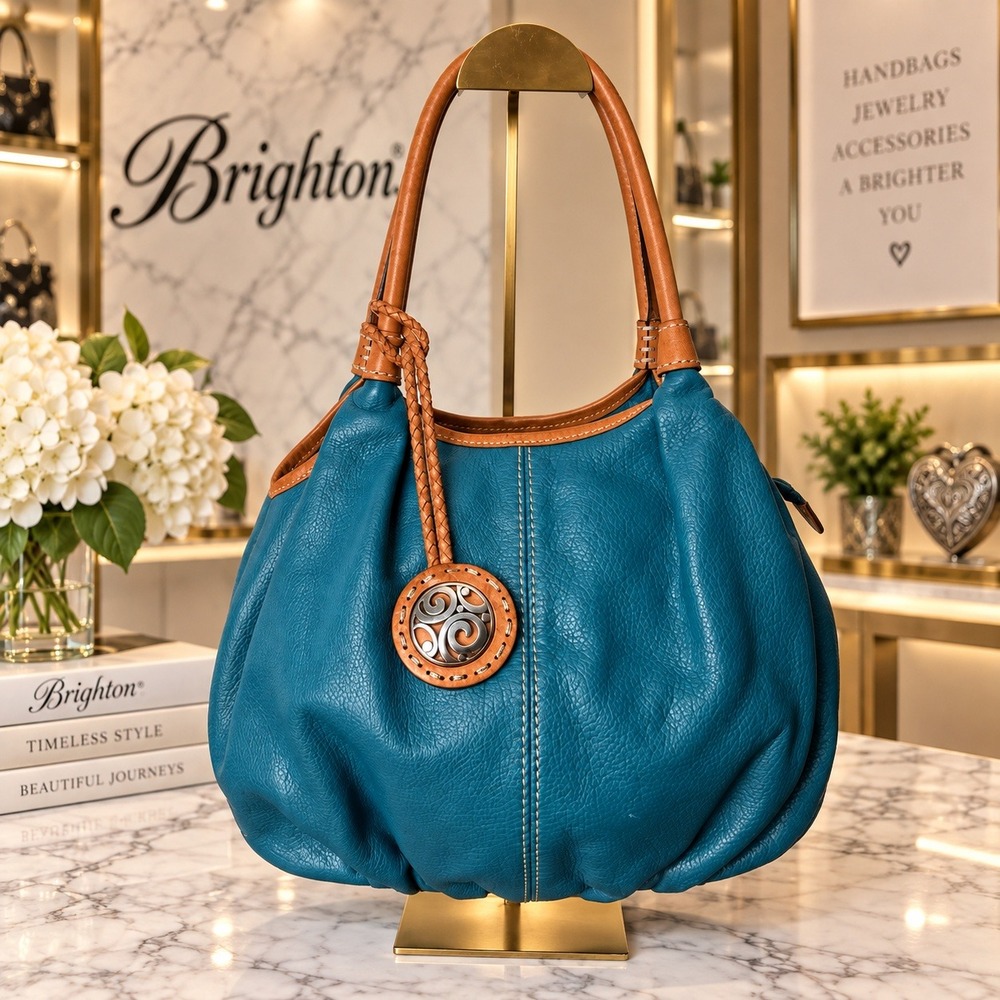 BRIGHTON Tatum London Hobo Shoulder Bag Teal Blue Pebble Leather Vintage Y2K